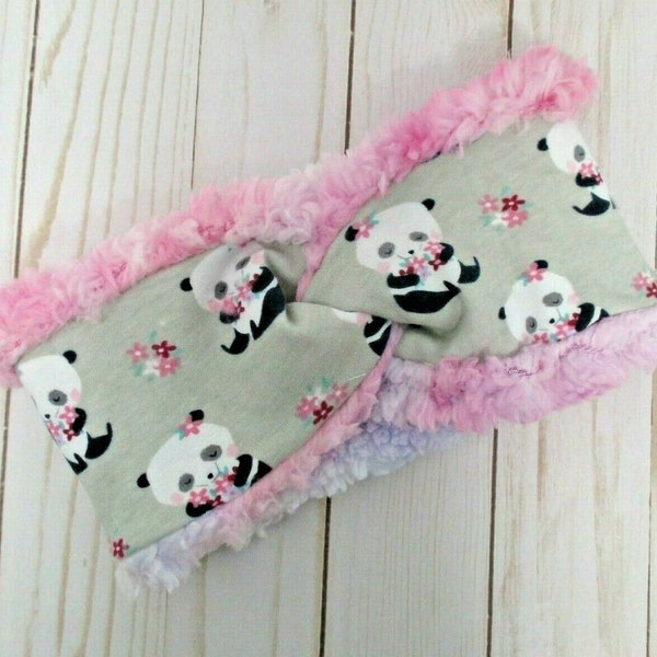 Headband Ear Warmer with Twist Furry Pink Blue Pastel Fur Panda Bears Handmade Soft Plush Warm Sherpa