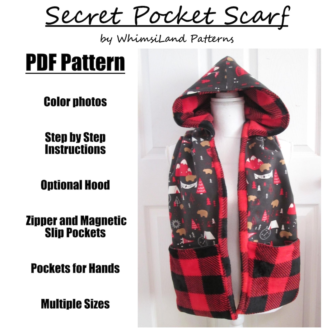 Scarf PDF Sewing Pattern Hand Pockets Hidden Secure Zipper Slip Pocket ...