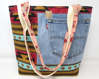 Bolso de hombro, monedero, vaquera, estilo suroeste, vaqueros, bolsillos, libros reciclados, compras, regalo, hecho a mano, EE. UU., vaquero reutilizado