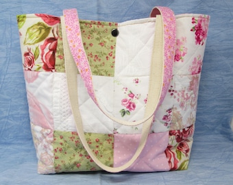 Coquette Patchwork Quilt Shoulder Bag Tote Purse Pink Shabby Cottagecore Chic Granny Floral Large Handcrafted Country Quilted Laptop Book