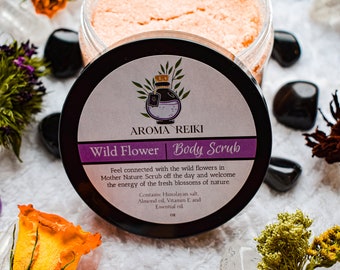 Wild Flower Body Scrub- Natural Body Care, Himalayan Salt, Essential oils, Lavender, Ylang Ylang, Rose, Smooth Skin, Soft Skin, Healing