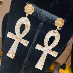 Carnelian, Moon Stone Embedded in Resin Ankh Earrings. Crystal Ankh Drop Earrings.