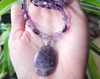 Amethyst Crystal Necklace, Purple Stone Jewelry, February Birthday Gift, Long Amethyst Beaded Necklace, Healing Purple Gemstone Jewelry