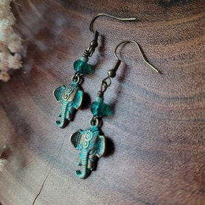 Teal Elephant Earrings, Elephant Jewelry, Brass Elephant Earrings, Elephant Dangle Earrings, Elephant Gift, Elephant Accessories, Good Luck