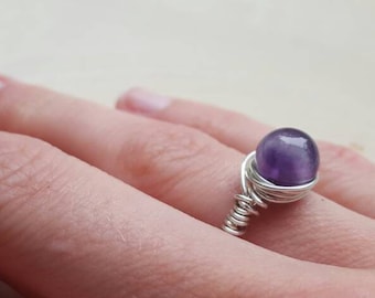 Amethyst Ring, February Stone Ring, Amethyst Gemstone Jewelry, Crystal Ring, Gemstone Ring, Wire Wrapped Crystal, Healing Crystal Jewelry