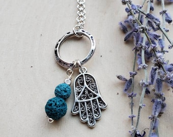 Hamsa Diffuser Necklace, Diffuser Jewelry, Lava Stone Necklace, Hamsa Gift, Aromatherapy Necklace, Boho Essential Oil Diffuser Necklace