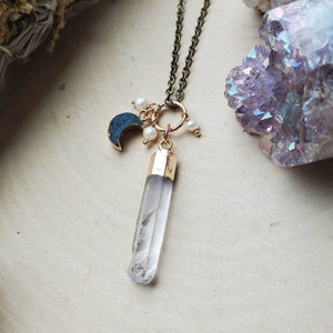 Crystal Quartz Necklace, Clear Quartz Jewelry, Druzy Moon and Quartz Point Necklace, Quartz Crystal Pendant, healing stone Quartz Necklace