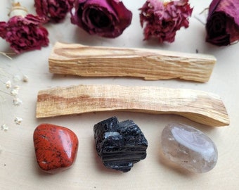 Grounding & Protection Crystal Kit, Energy Clearing Care Package, Healing Stone Gift Set, Palo Santo Smudge Kit, Reiki Chakra Healing Stone