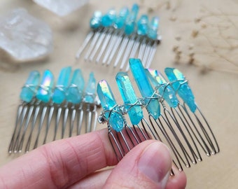 Sky Blue Aura Quartz Crystal Hair Comb, Boho Bridal Crystal Hair Pin, Quartz Crystal Hair Accessories, Quartz Crystal Wedding Comb
