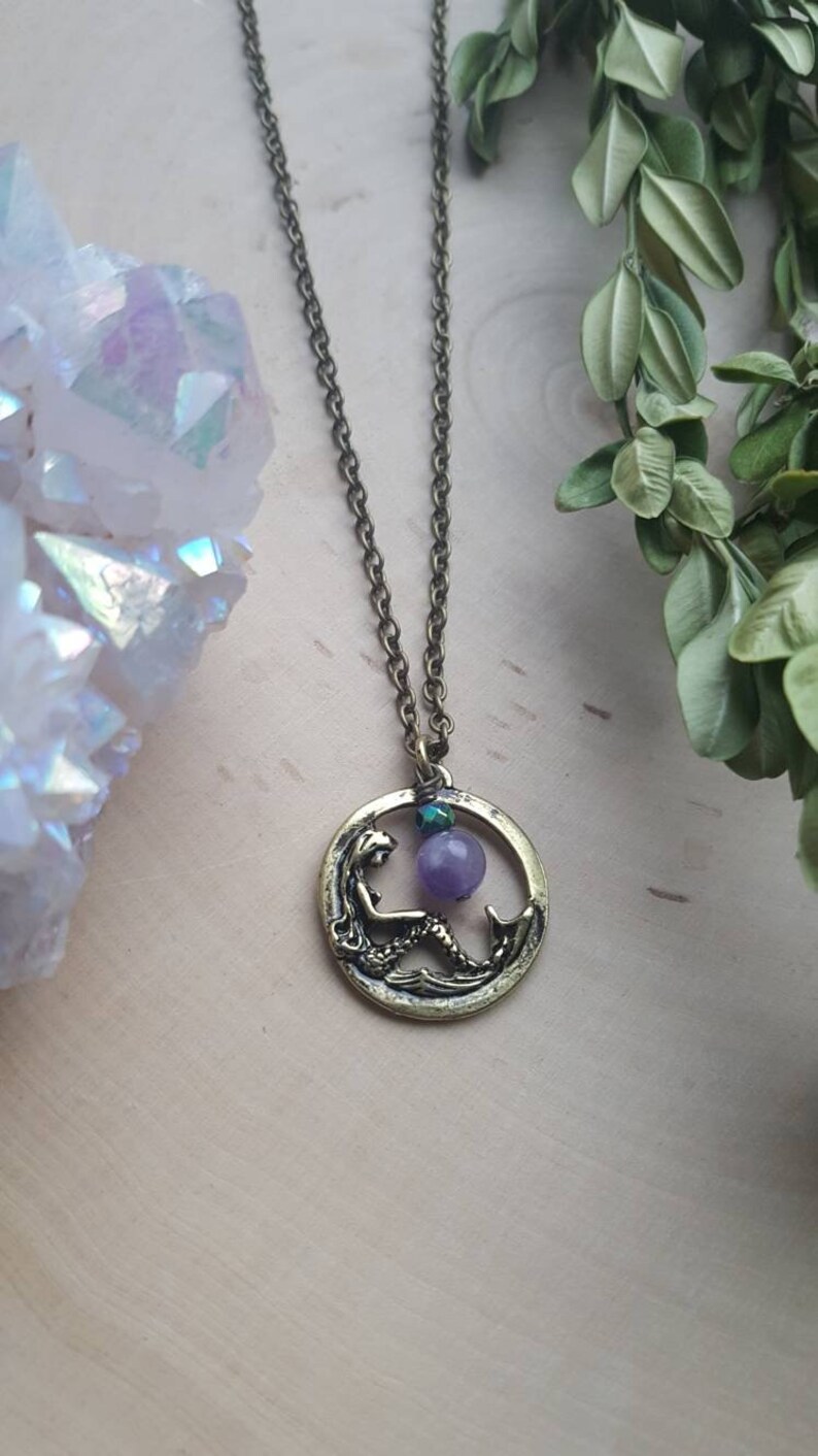 Mermaid Necklace, Mermaid Jewelry, Girls Mermaid Necklace, Magical Mermaid Necklace, Small Mermaid Pendant, Mermaid Gemstone Jewelry image 6