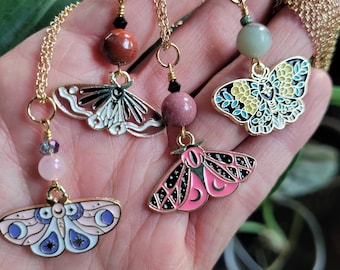 Moon Moth Necklace, Moth Crystal Jewelry, Moth gift, Magical Moth Necklace, Gemstone Moth Jewelry, Luna Moth Gift, Cute Luna Moth Necklace