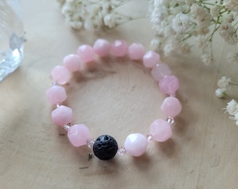 Rose Quartz 10mm Diffuser Bracelet w. Black lava stone, Rose Quartz gift, Heart Chakra Love Energy Rose Quartz Crystal Bracelet