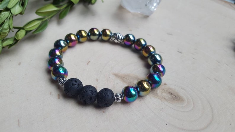 Rainbow Aura Hematite Bracelet, Essential Oil Diffuser Bracelet, Rainbow Aromatherapy Bracelet , Hematite Stone Jewelry, Hematite Bangle, image 4