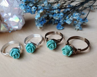 Teal Rose Ring, Blue Flower Ring, Cute Rose Jewelry, Rose Ring, blue Rose Jewelry, Girls Ring, Bridesmaid Gift, Bridal Party Jewelry