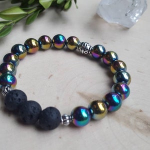 Rainbow Aura Hematite Bracelet, Essential Oil Diffuser Bracelet, Rainbow Aromatherapy Bracelet , Hematite Stone Jewelry, Hematite Bangle,