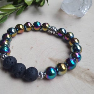 Rainbow Aura Hematite Bracelet, Essential Oil Diffuser Bracelet, Rainbow Aromatherapy Bracelet , Hematite Stone Jewelry, Hematite Bangle, image 1