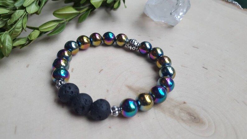 Rainbow Aura Hematite Bracelet, Essential Oil Diffuser Bracelet, Rainbow Aromatherapy Bracelet , Hematite Stone Jewelry, Hematite Bangle, image 1