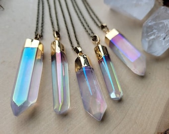 Large Angel Aura Quartz Crystal Necklace, Aura Crystal Jewelry, Crown Chakra Crystal Necklace, healing stone aura Quartz Necklace