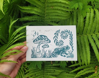 Frog's Forest Haven Linocut Print, 5x7 Frog & Mushroom Print, Frog Art Print, Mushroom Frog Gift, Art Print, Frog Artwork, Frog Mushroom Art