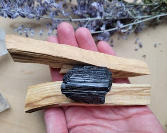 Palo Santo & Black Tourmaline Energy Protection Kit, Energy Cleansing Care Package, Healing Stone Gift Set, Palo Santo Smudge Reiki Gift