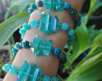 Blue Aura Quartz Crystal Bracelet, Crystal Bracelet, Blue Stone Jewelry, Aura Quartz Jewelry, Quartz Gift, Healing Stone Bracelet - Apatite