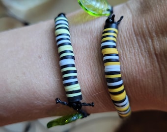 Monarch Caterpillar Bracelet, Adjustable Caterpillar Bracelet, Cute Nature Bracelet, Yellow and Black Caterpillar Jewelry Monarch Lover Gift