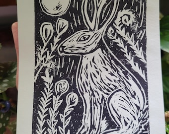 Rabbit Moon Linocut Print, 5x7 Rabbit Block Print, Bunny Art Print, Rabbit Art Gift, Whimsical Bunny Print, Hare Artwork, Wild Rabbit Art