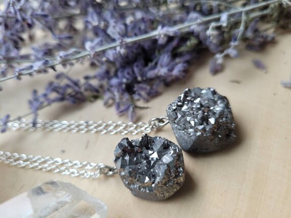 Metallic Druzy Quartz Necklace Silver Geode Jewelry Druzy