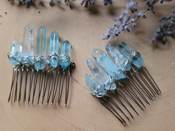 Blue Aura Quartz Crystal Hair Barrette Slate Blue Angel Aura Quartz Stone Hair Clip Barrette Angel  main image 4