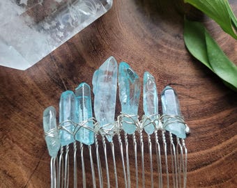 Blue Quartz Crystal Hair Comb, light Blue Crystal Hair Pin, Quartz Crystal Hair Accessories, Blue Crystal Comb, Crystal Hair Comb for Bride