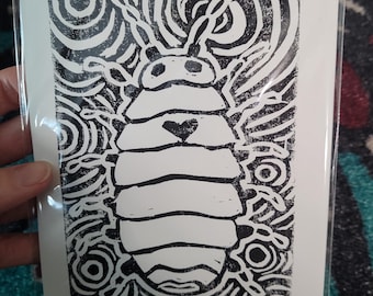 Love Bug Isopod Print, 5x7 Pillbug Linocut Block Print, Original Insect Art Print,  Isopod Gift, Bug Art Print, Pill Bug Artwork, Isopod Art
