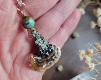Real Mushroom Necklace, Small Turkey Tail Mushroom Jewelry, Real Mushroom Gift, Cute Preserved Mushroom Necklace, Boho Mushroom Necklace