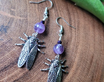 Cicada Earrings, Gemstone Cicada Earrings, Silver Cicada Jewelry, funky insect Earrings, Cicada Gift, Bug earrings, Cicada accessories