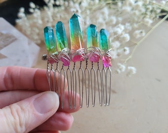 Rainbow Quartz Crystal Hair Comb Mermaid Crystal Hair Pin, Rainbow Mermaid Quartz Crystal Hair Accessories, Rainbow Quartz Mermaid Hair Comb