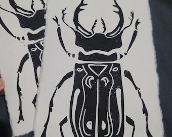 Stag Beetle Linocut Print, 4x6 bug Block Print, Original Insect Art Print, Stag Beetle Gift, Bug Art Print, Beetle Artwork, Stag Beetle Art