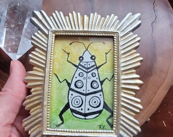 Original Beetle Mini Painting, Beetle Art, Tiny Framed Beetle Painting, Original Bug Art