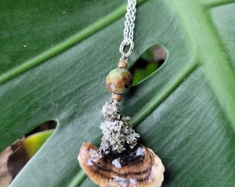 Real Mushroom Necklace, Turkey Tail Mushroom Jewelry, Real Mushroom Gift, Cute Preserved Mushroom Necklace, Boho Mushroom Necklace