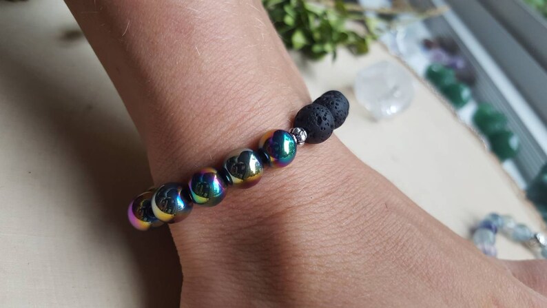 Rainbow Aura Hematite Bracelet, Essential Oil Diffuser Bracelet, Rainbow Aromatherapy Bracelet , Hematite Stone Jewelry, Hematite Bangle, image 3