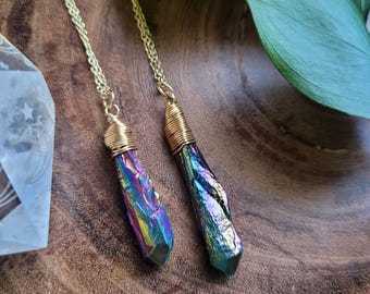 Rainbow Crystal Necklace, Titanium Aura Quartz Pendant, Rainbow Aura Quartz Jewelry, Rainbow Quartz Stone, Rainbow Stone Jewelry