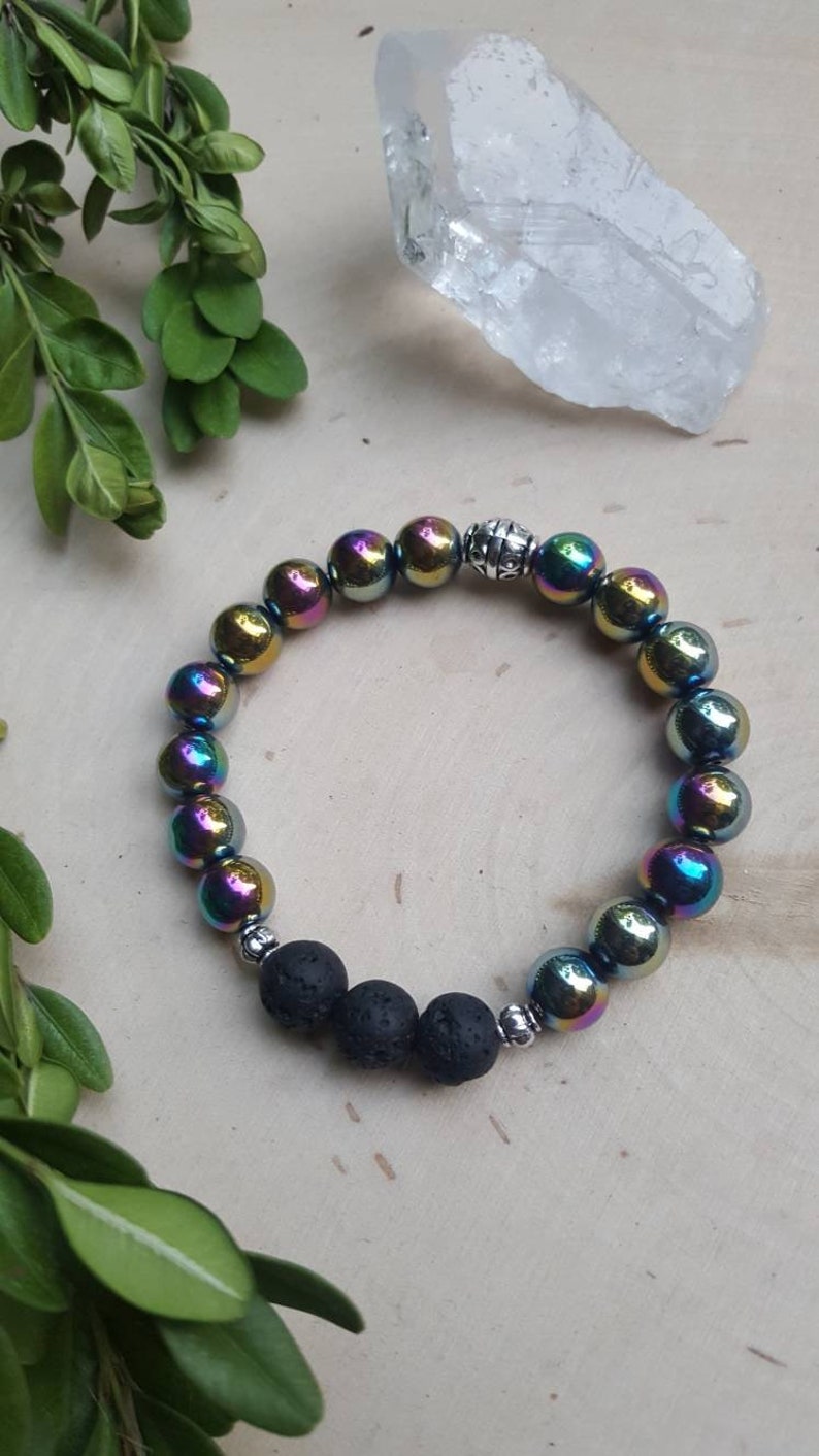 Rainbow Aura Hematite Bracelet, Essential Oil Diffuser Bracelet, Rainbow Aromatherapy Bracelet , Hematite Stone Jewelry, Hematite Bangle, image 2