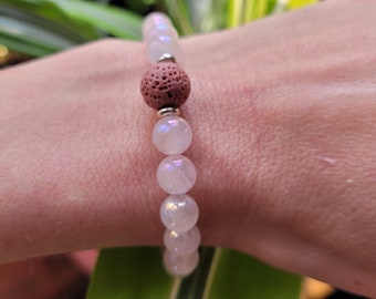 Aura Rose Quartz 8mm Diffuser Bracelet w. Pink lava stone, Aura Rose Quartz gift, Aura Rose Quartz Crystal Bracelet