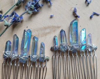 Blue Aura Quartz Crystal Hair Comb, Crystal Hair Pin, Quartz Crystal Hair Accessories, Aura Quartz Hair Barrette, Mini Quartz Comb