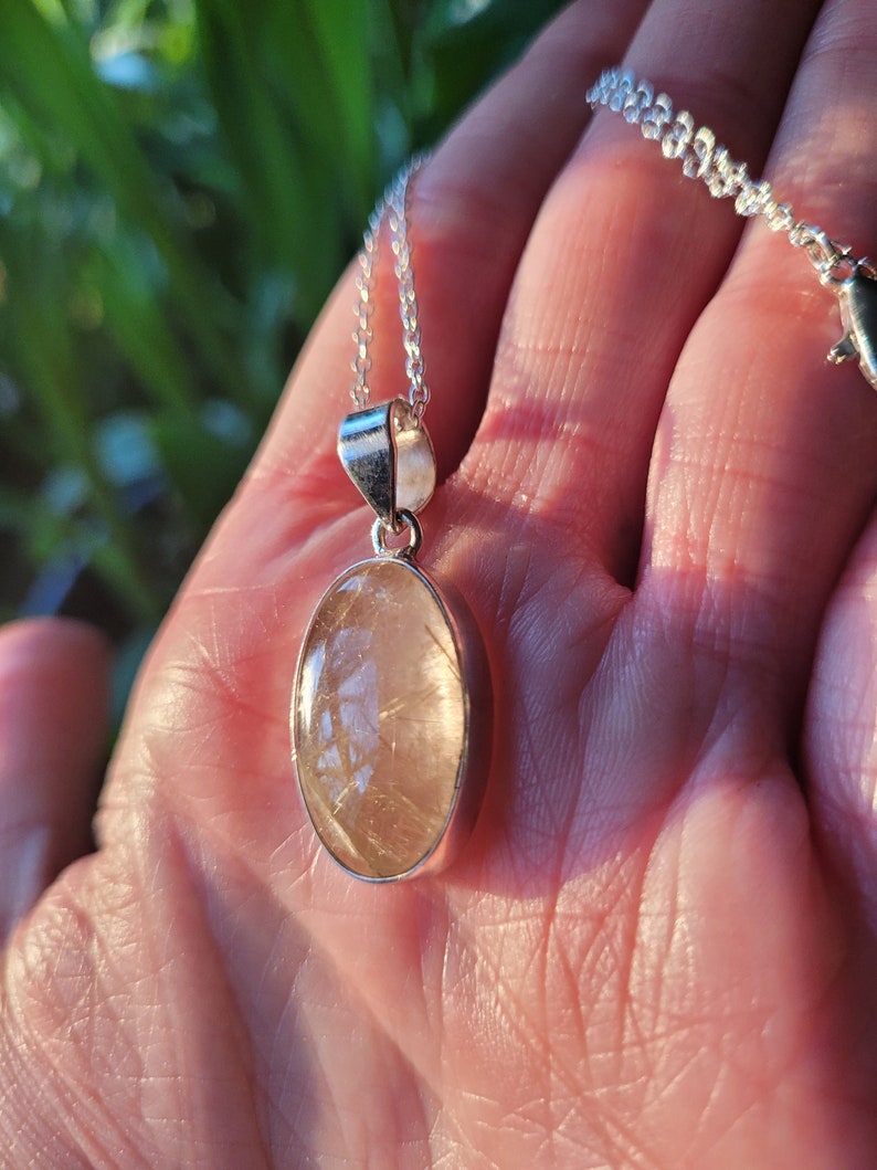 Golden Rutile Quartz Necklace, Natural Rutile Quartz Jewelry, Gold Rutile Necklace, Healing Quartz Pendant, Rutile Quartz Stone Jewelry B - oval