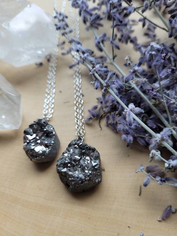 Pathway Necklace in Silver Sheen Obsidian & Druzy Quartz // One-of-a-K