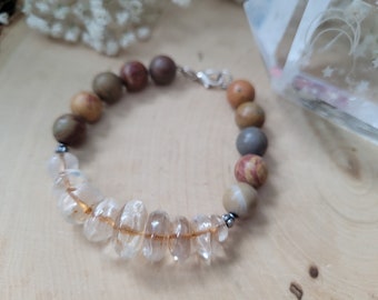 Quartz & Chinese Jasper Bracelet, Earthy Healing Stone Bracelet, Citrine Stone Jewelry, Jasper Stone Jewelry, Earth Tone Jasper Bracelet