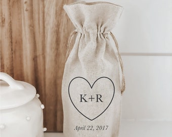 Sac à vin - Cœur personnalisé, initiales et date - faveur de mariage, cadeau de bienvenue, cadeau de bureau, événement spécial, cadeau d’atelier, cadeau client