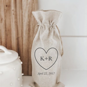 Wine Bag - Personalized Heart, Initials & Date - wedding favor, welcome gift, office gift, special event, workshop gift, client gift