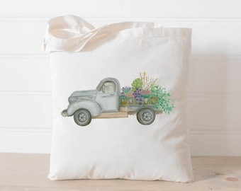 Tote Bag - Floral Truck Watercolor, Summer, housewarming gift, wedding favor, bridesmaid gift, women's gift