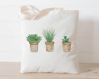 Tote Bag - Potted Succulents Watercolor, Spring, Summer, housewarming gift, wedding favor, bridesmaid gift, women's gift