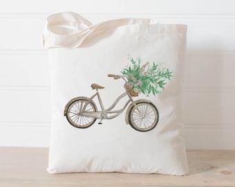 Tote Bag - Flower Bike Basket Watercolor - present, housewarming gift, wedding favor, bridesmaid gift, women's gift
